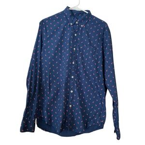 Men's American Eagle Long Sleeve Button Up Shirt Blue With Pink Flamingos Size M